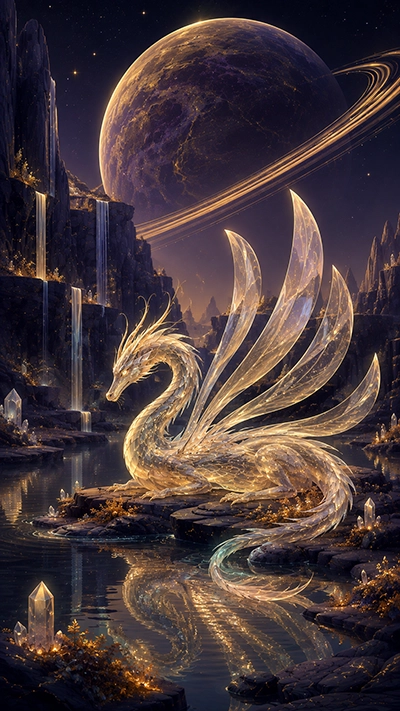 Dragon Phone Wallpaper featuring a golden glass dragon with translucent crystal wings beside waterfalls, glowing crystals, reflective water, and a giant ringed planet.