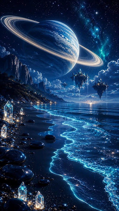 Fantasy Dark fantasy phone wallpaper featuring a giant ringed planet above a dark crystal beach with glowing blue waves, floating islands, luminous crystals, dramatic cliffs, and a star-filled night sky.