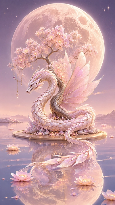 Pearl-pink celestial dragon with crystal wings beneath a glowing moon and blossom tree in a dreamy Dragon Phone Wallpaper HD scene.