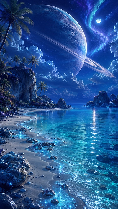 HD beach phone wallpaper with turquoise lagoon water, tropical palm trees, rocky shoreline, glowing blue waves, moon, and a giant ringed planet.