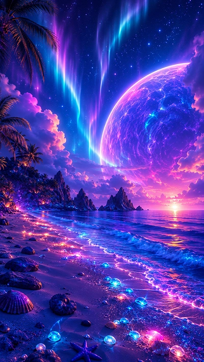 HD beach phone wallpaper with glowing blue waves, tropical palm trees, crystal lights, colorful auroras, and a giant violet fantasy planet.