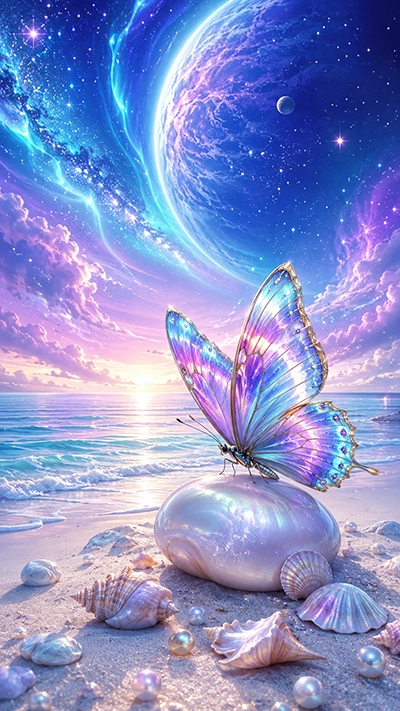 A beautiful Butterfly Phone Wallpaper showing a glowing crystal butterfly on a pearl shell beside a fantasy beach with seashells, ocean waves, a giant planet, and vibrant auroras.