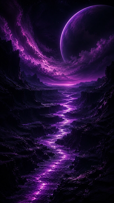 A mystical Dark fantasy phone wallpaper showing a glowing purple river winding through deep shadowy cliffs beneath a giant violet planet, cosmic clouds, and an enchanting night sky.