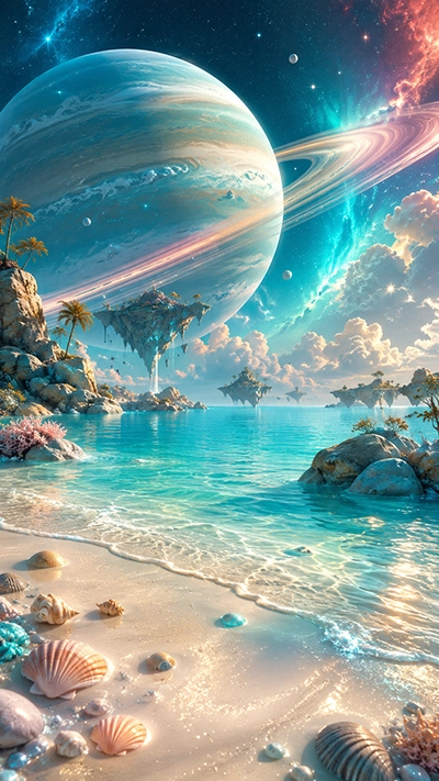 Beach Phone Wallpaper with turquoise ocean water, seashells, floating tropical islands, and a giant blue ringed planet beneath a luminous HD cosmic sky.