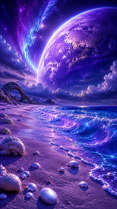 Beach Mobile Wallpaper showing glowing purple ocean waves, seashells, a rocky fantasy shoreline, a giant violet planet, and bright blue nebulae in an HD cosmic sky.