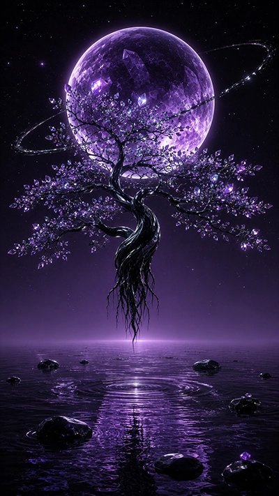 HD Fantasy Tree Mobile Wallpaper with a floating black tree, glowing purple crystal leaves, giant amethyst planet, suspended roots, and reflective violet water.