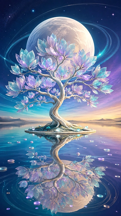 HD Fantasy Tree Mobile Wallpaper with an ivory tree, turquoise and lavender crystal leaves, giant pearl planet, celestial rings, and reflective blue water.