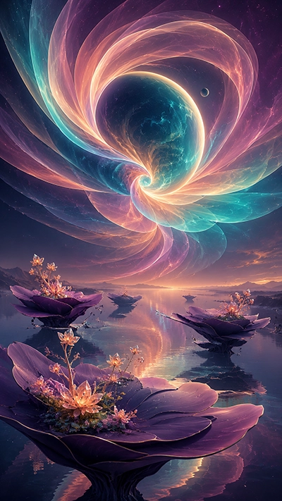 HD Aurora Mobile Wallpaper with swirling turquoise and peach aurora, celestial planet, giant violet lotus islands, crystal flowers, and reflective water.