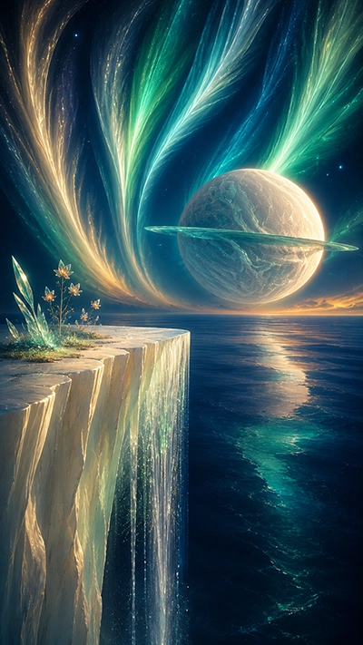 HD Aurora Mobile Wallpaper with green and golden aurora ribbons, giant ringed planet, ivory waterfall cliff, crystals, and reflective blue ocean.