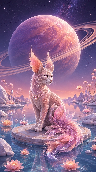HD Cat Phone Wallpaper with a fantasy crystal cat, pink feather tails, glowing lotus flowers, reflective water, and a giant rose-gold ringed planet.