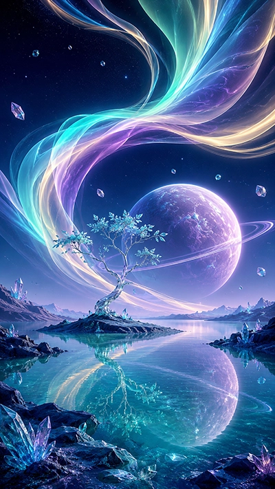 HD Aurora Mobile Wallpaper with colorful flowing aurora ribbons, crystal tree, giant violet ringed planet, floating gemstones, and reflective turquoise lake.