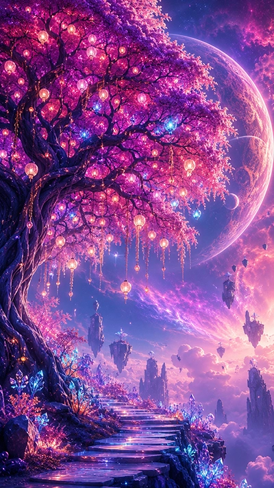 HD Fantasy Tree Mobile Wallpaper with a giant violet blossom tree, glowing lanterns, celestial planet, floating islands, crystal plants, and magical pathway.
