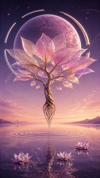 HD Fantasy Tree Mobile Wallpaper with a floating rose-gold tree, translucent pink leaves, giant violet planet, golden celestial rings, and lotus flowers.