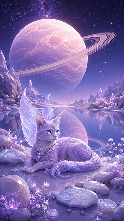HD Cat Phone Wallpaper with a lavender fantasy cat, transparent crystal wings, violet gemstone, reflective lake, crystal mountains, and giant pink ringed planet.