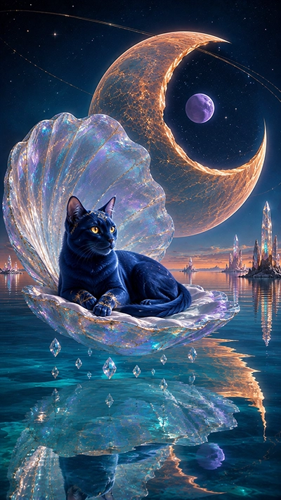 HD Cat Phone Wallpaper with a midnight-blue cat inside an iridescent crystal shell, golden crescent, violet planet, floating diamonds, and reflective turquoise water.
